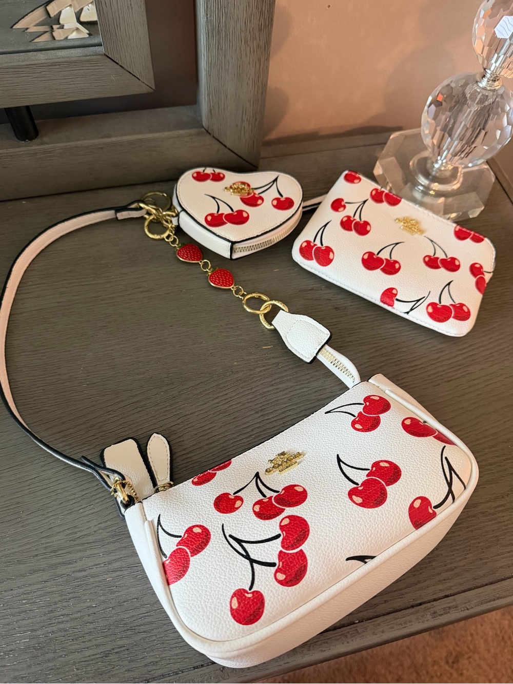 Coach Cherry Print Nolita 19 Shoulder Purse Trio Bundle Heart Wristlet - Picture 13 of 16